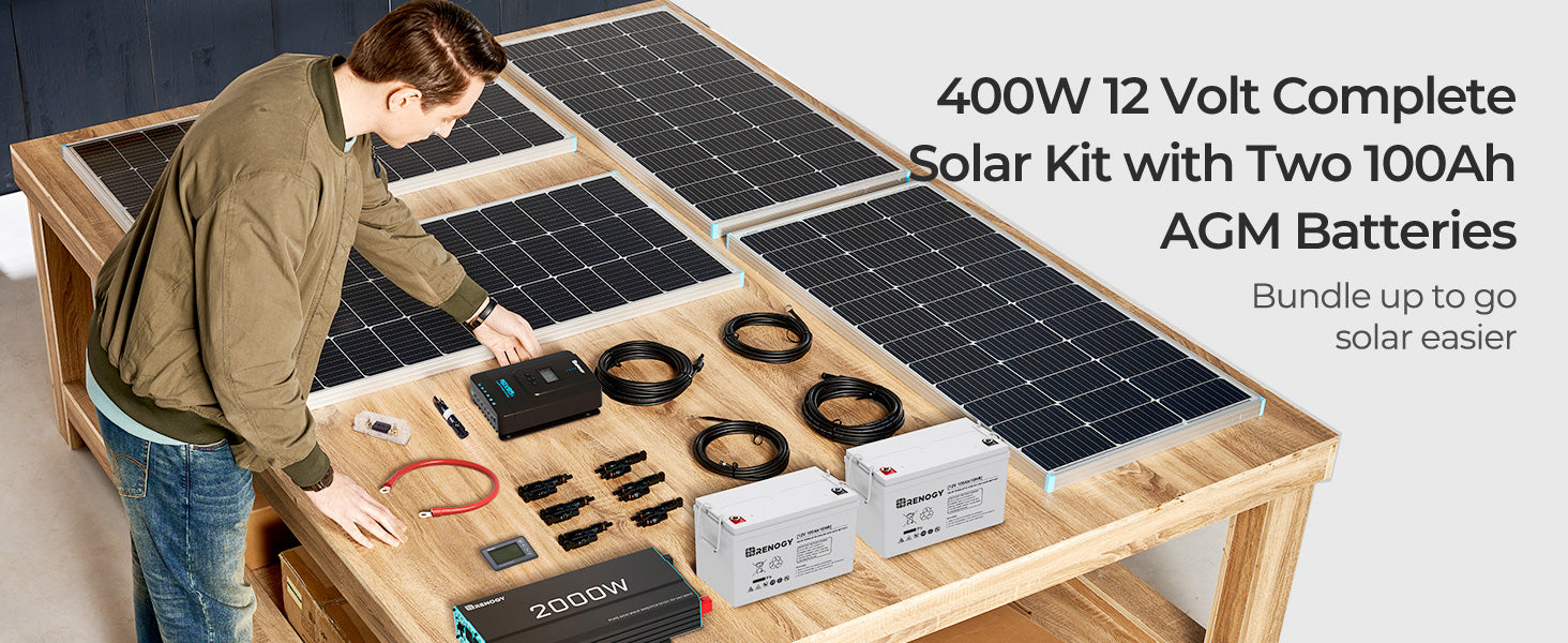 Renogy 400W 12V Complete Solar Kit With Two 100Ah Deep-Cycle AGM / LiFePO4 Batteries