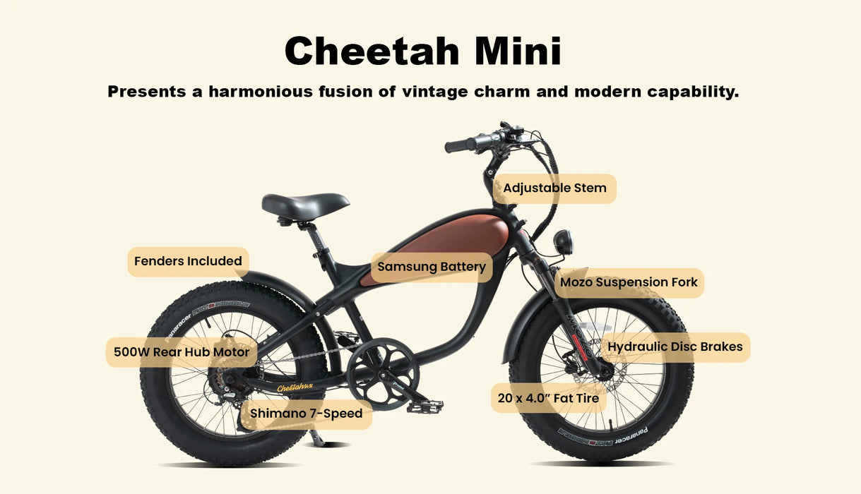 Revi Bikes 48V Cheetah Mini 20 Inch Retro Fat Tire Electric Bike