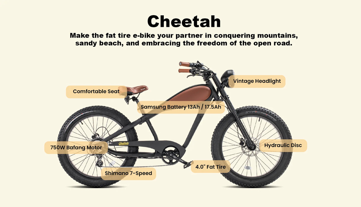 Revi Bikes Cheetah Cafe Racer 48V 750W 26 Inch Fat Tire Electric Vintage Bike