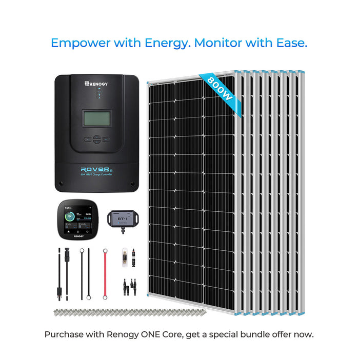 Renogy 800W 12V/24V Monocrystalline Solar Premium Kit w/Rover 60A Charger Controller w/Renogy ONE Core